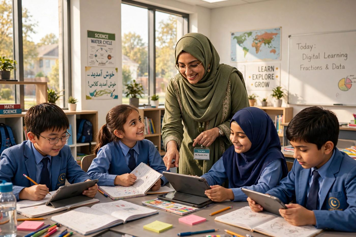 A teacher using digital tools in a classroom